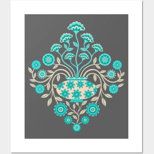 DREAMY DAMASK Cottagecore Floral Botanical Damask with Vase Turquoise Teal Cream - UnBlink Studio by Jackie Tahara Posters and Art